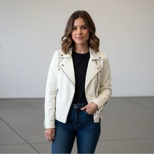 Olivaceous Cream Leather Moto Jacket - Asymmetrical Zip